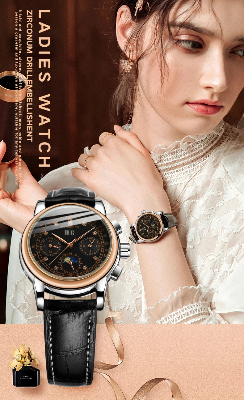 Excellence Women Automatic Mechanical Fashion Luxury Wrist Watches Ladies Diamond Moon Phase Multifunctional.