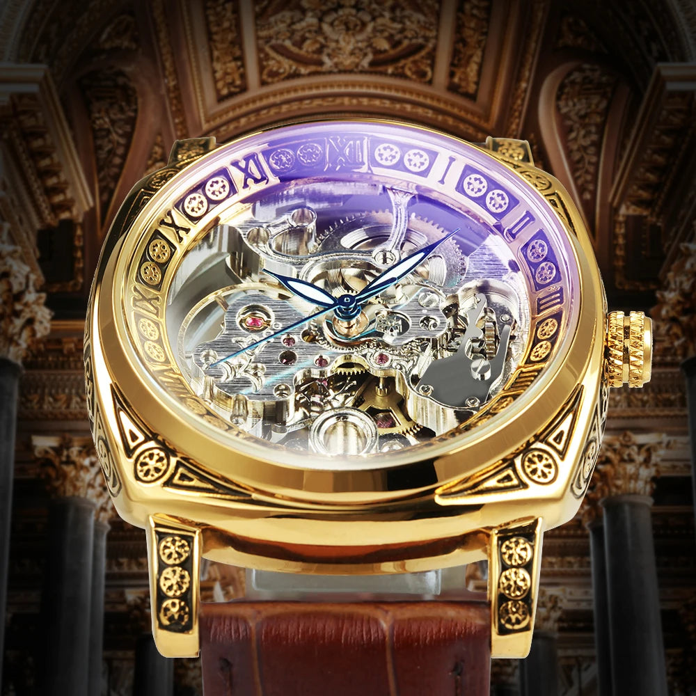 Excellence Gold Mechanical Men's Watches Top Brand Luxury Skeleton Automatic Watch Engraved Movement genuine Leather Strap 2024