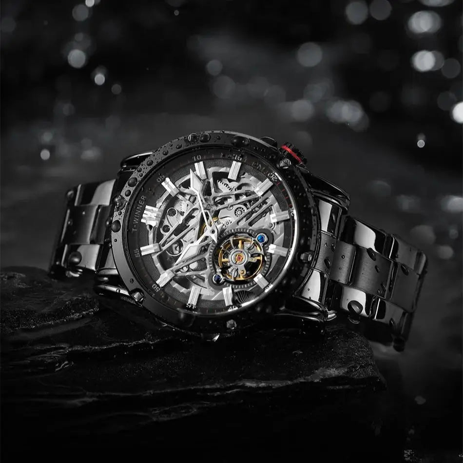 Excellence Sports Military Skeleton Automatic Watch for Men Luminous Hands Stainless Steel Strap Luxury Tourbillon Mens Watches New