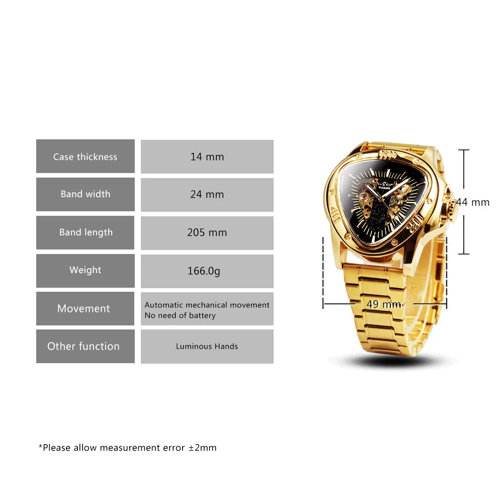 Excellence Sports Military Skeleton Automatic Mechanical Watch for Men Black Gold Triangle Dial Steel Leather Strap Luxury Watches