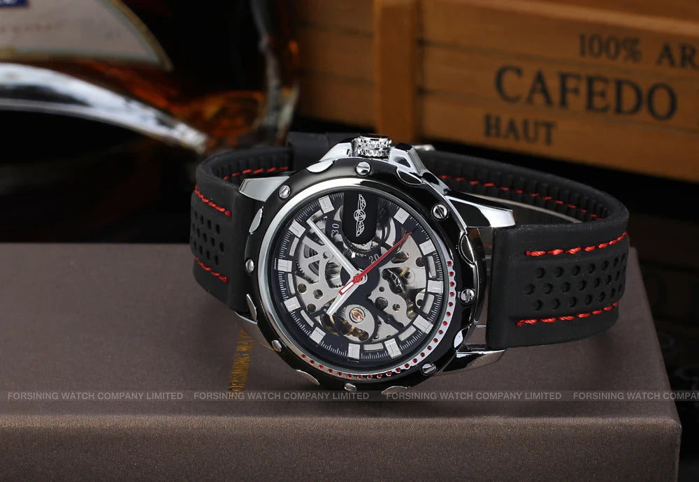 Excellence High End Luxury Transparent Skeleton Mechanical Automatic Watches for Men Fashion Classics Waterproof Rubber Male Wrist Band