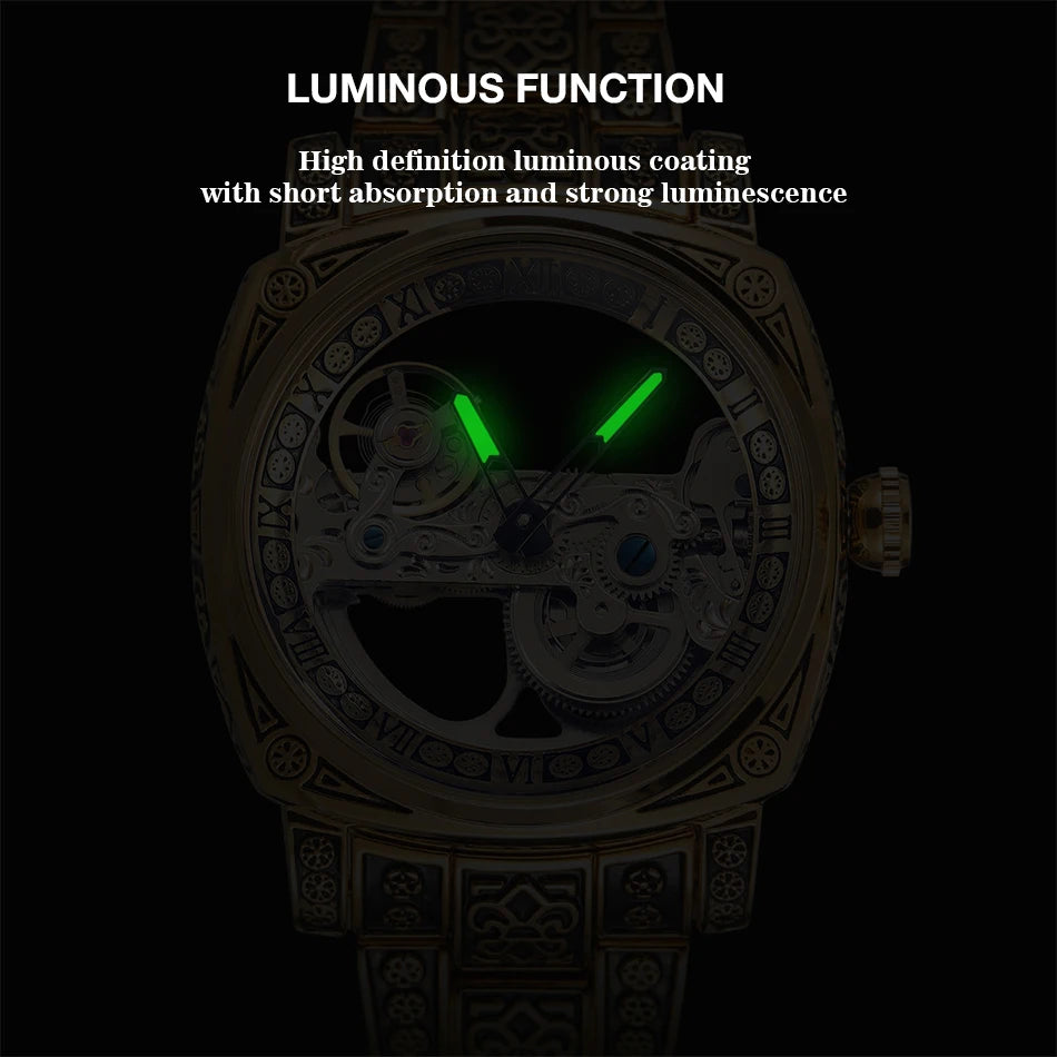 Excellence Luxury Gold Skeleton Mechanical Men Watch Automatic Movement Clock Stainless Steel Strip Male Bronze Wrist Watches