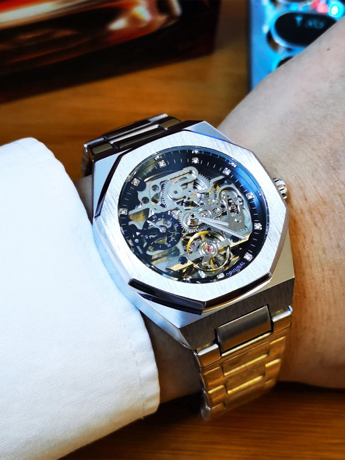 Excellence Silver Automatic Watch Men 3D Diamond Dial Irregular Tourbillon Skeleton Mechanical Wristwatches Luminous Hands