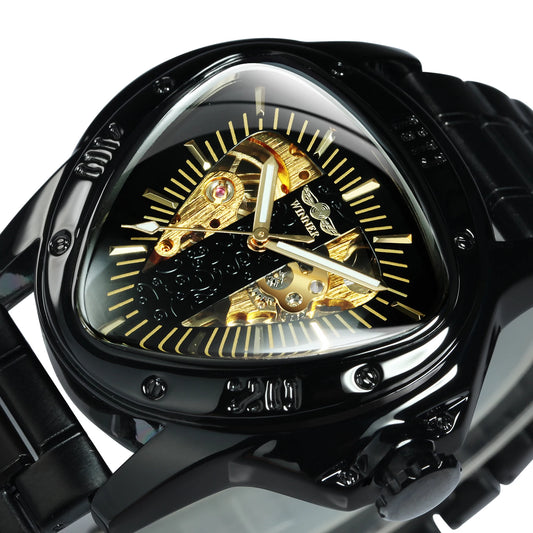 Excellence Sports Military Skeleton Automatic Mechanical Watch for Men Black Gold Triangle Dial Steel Leather Strap Luxury Watches