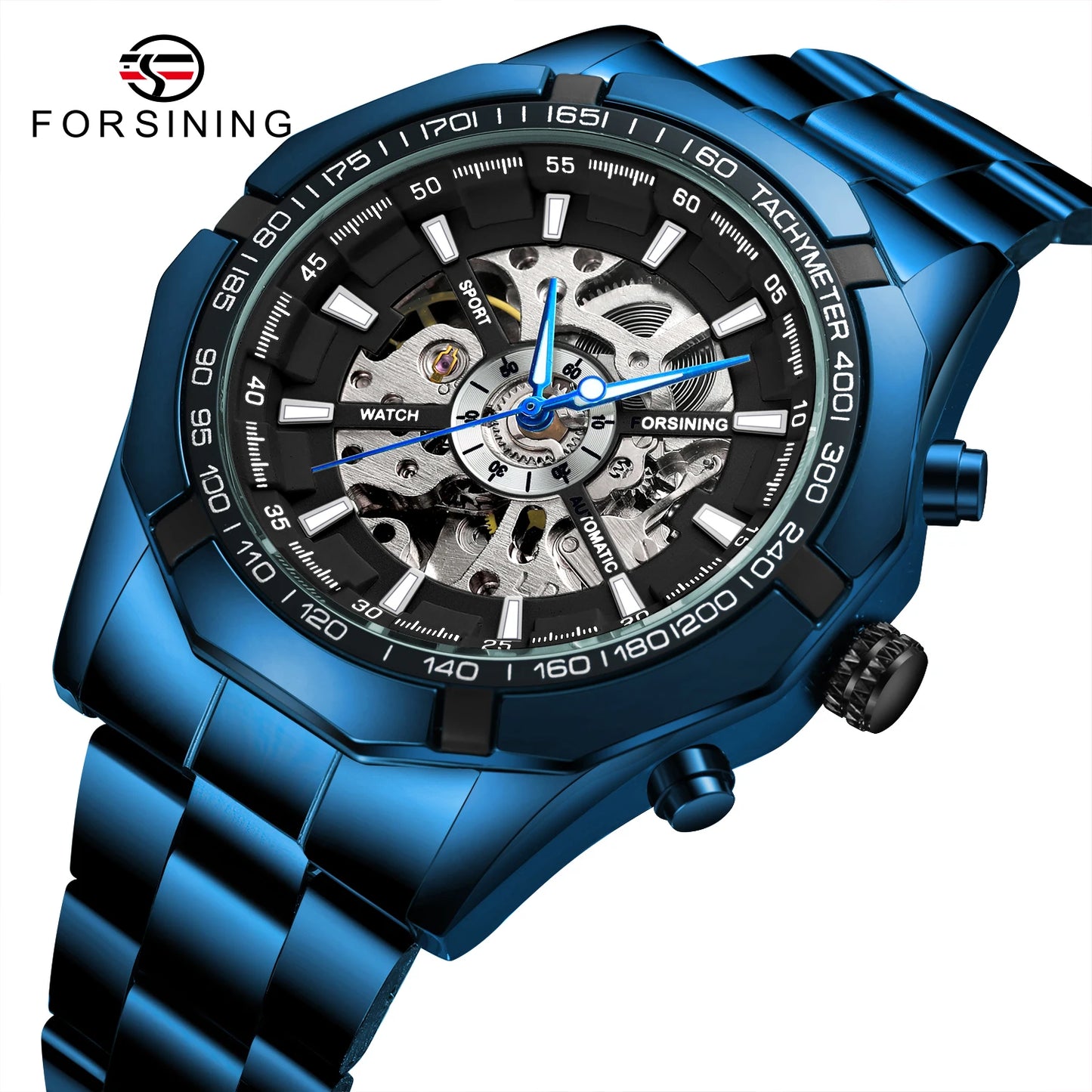 Excellence  New Stainless Steel Waterproof Men Transparent Skeleton Blue Watches Luxury Tourbillion Mechanical Sport reloj hombre