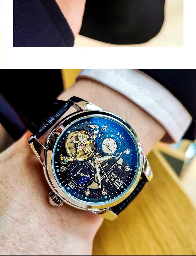 Excellence Skeleton Men's Watches Top Brand Luxury Moon Phase 24 Hours Display Iced Out Automatic Mechanical Watch Leather Strap