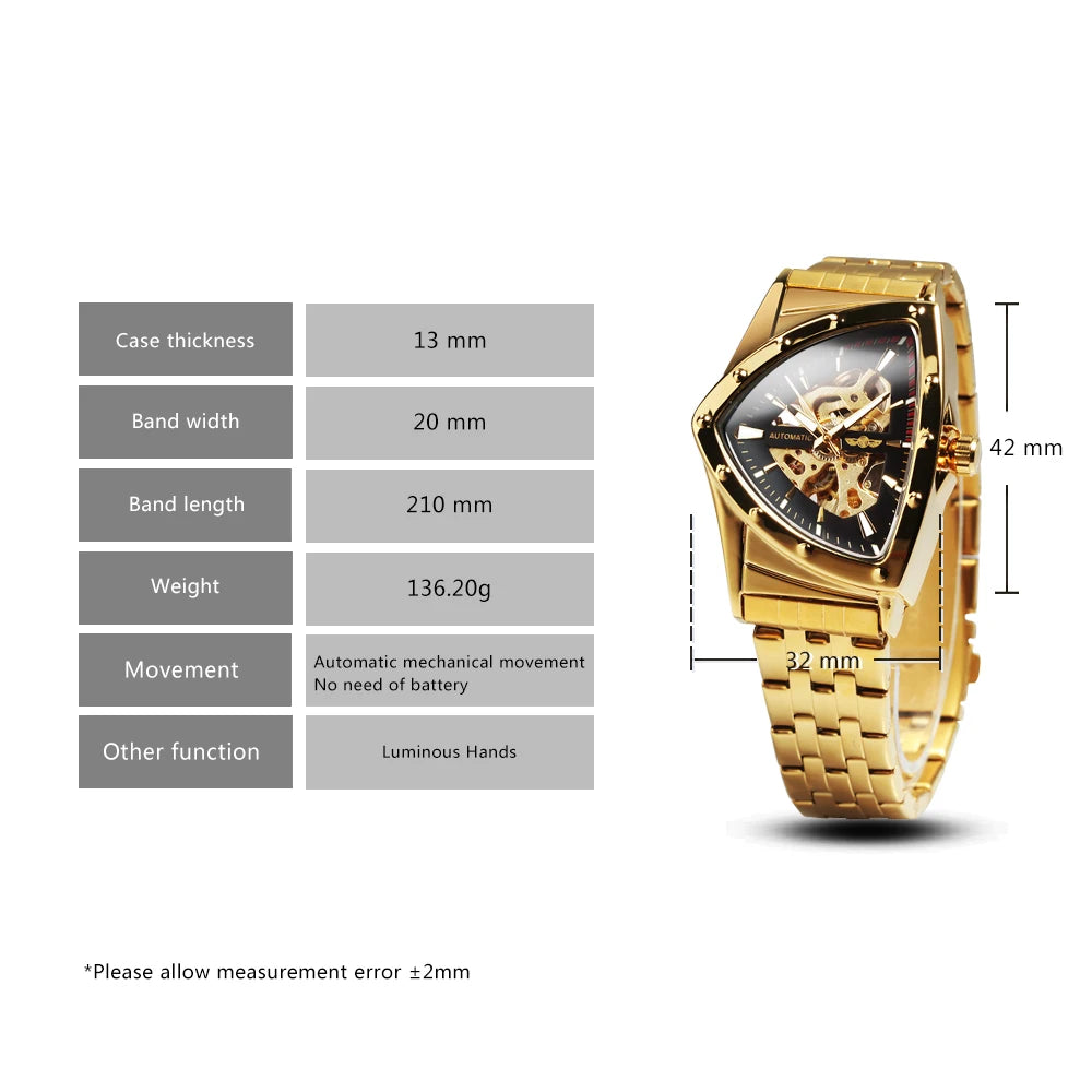 Excellence Military Triangle Skeleton Automatic Watch for Men Gold Sports Mechanical Watches Luxury Stainless Steel Strap Luminous