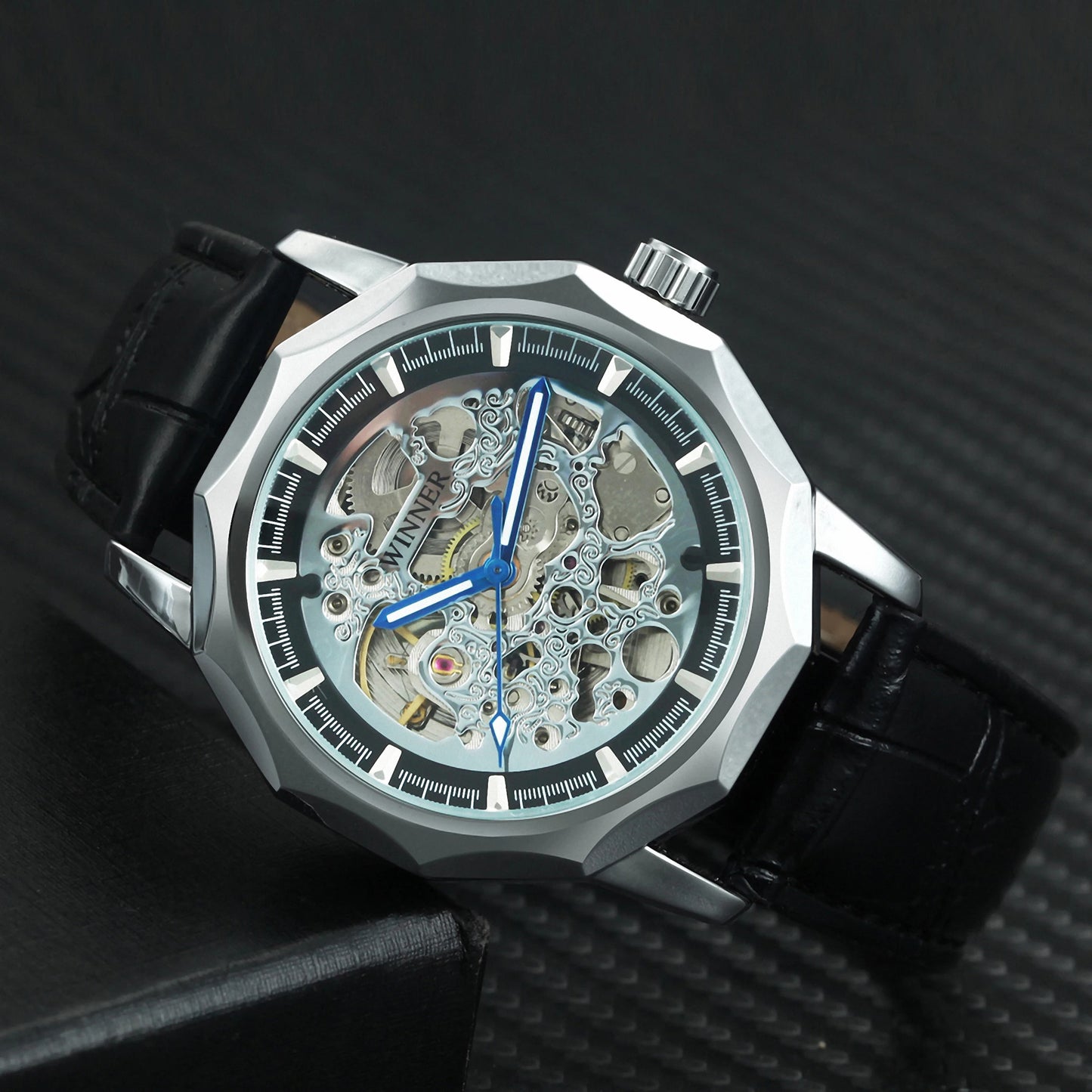 Excellence Classic Business Irregular Skeleton Mechanical Watches Luminous Hands Steel Leather Strap Luxury Automatic Men Watch 2024