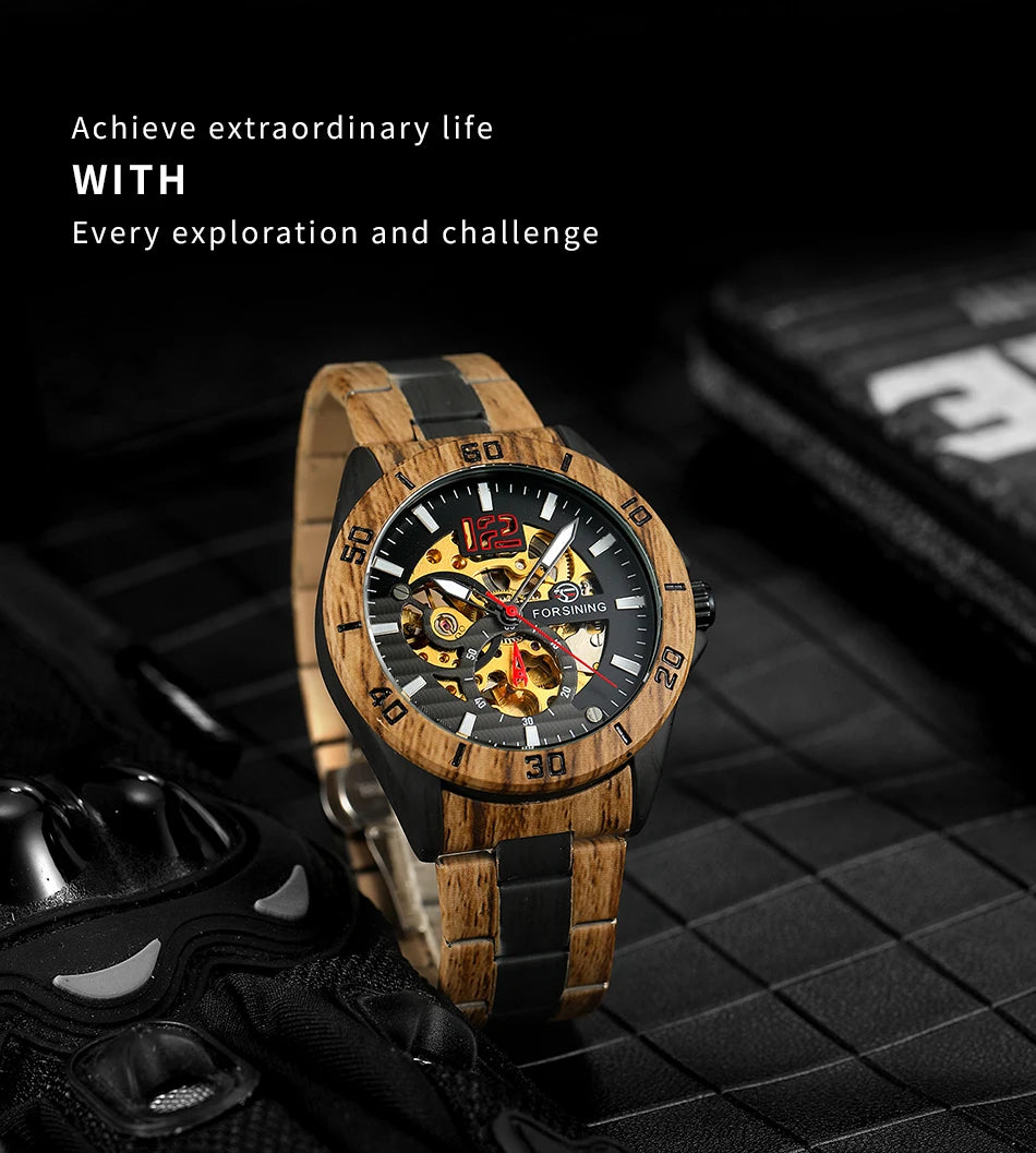 Excellence Luxury  Skeleton Wristwatches Imitation Wood Grain Stainless Steel Strip Automatic Watches for Men Transparent Watch