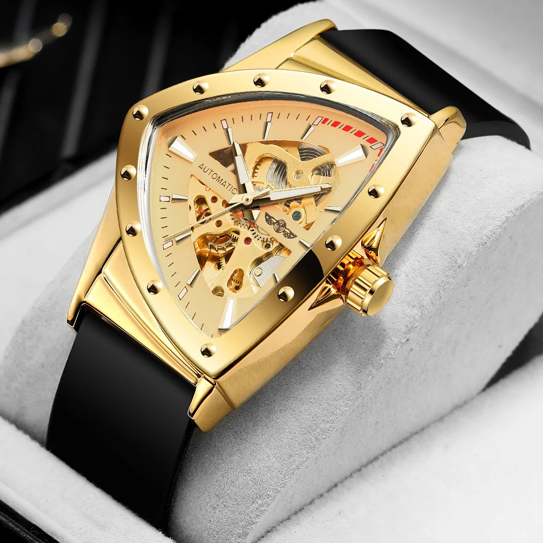 Excellence Military Triangle Skeleton Automatic Watch for Men Gold Sports Mechanical Watches Luxury Rubber strap Luminous