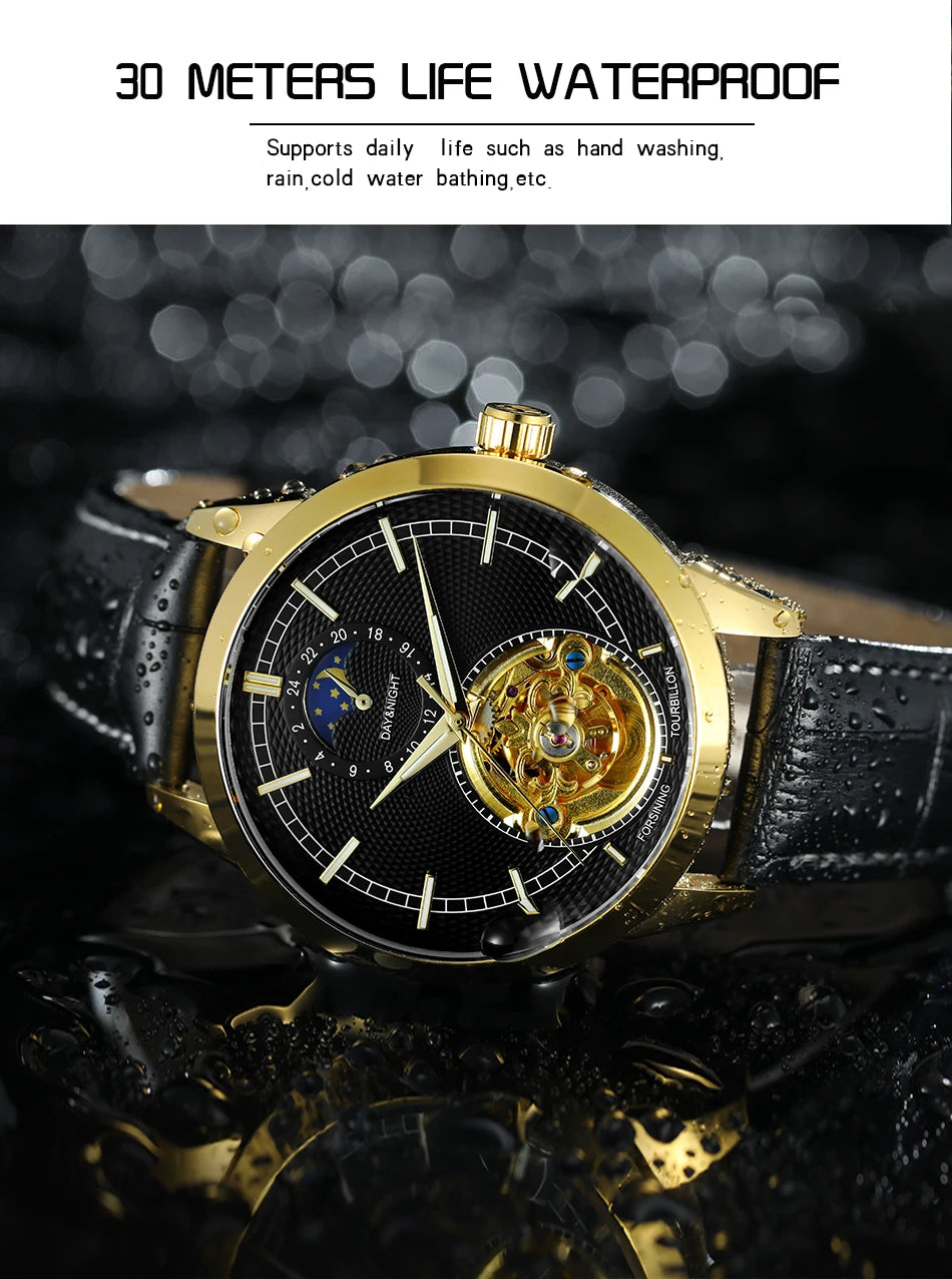 Excellence  Top Brand Hollow Tourbillon Pin Scale Full Automatic Mechanical Man Business Leather Belt Moon Phase Watch