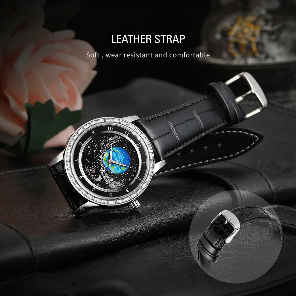 Excellence Design Earth Star Moon Set With Diamonds Genuine Belt Men Mechanical Automatic Watch Waterproof For Business