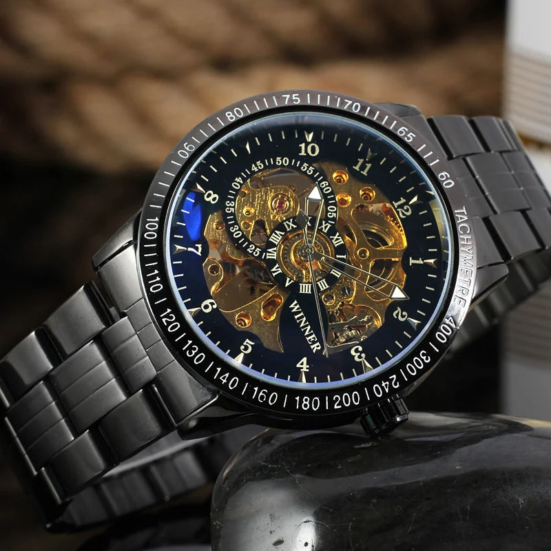 Excellence High End Luxury Blue Glass Stainless Steel Skeleton Mechanical Automatic Man Watches Fashion Classics Waterproof Male Watch