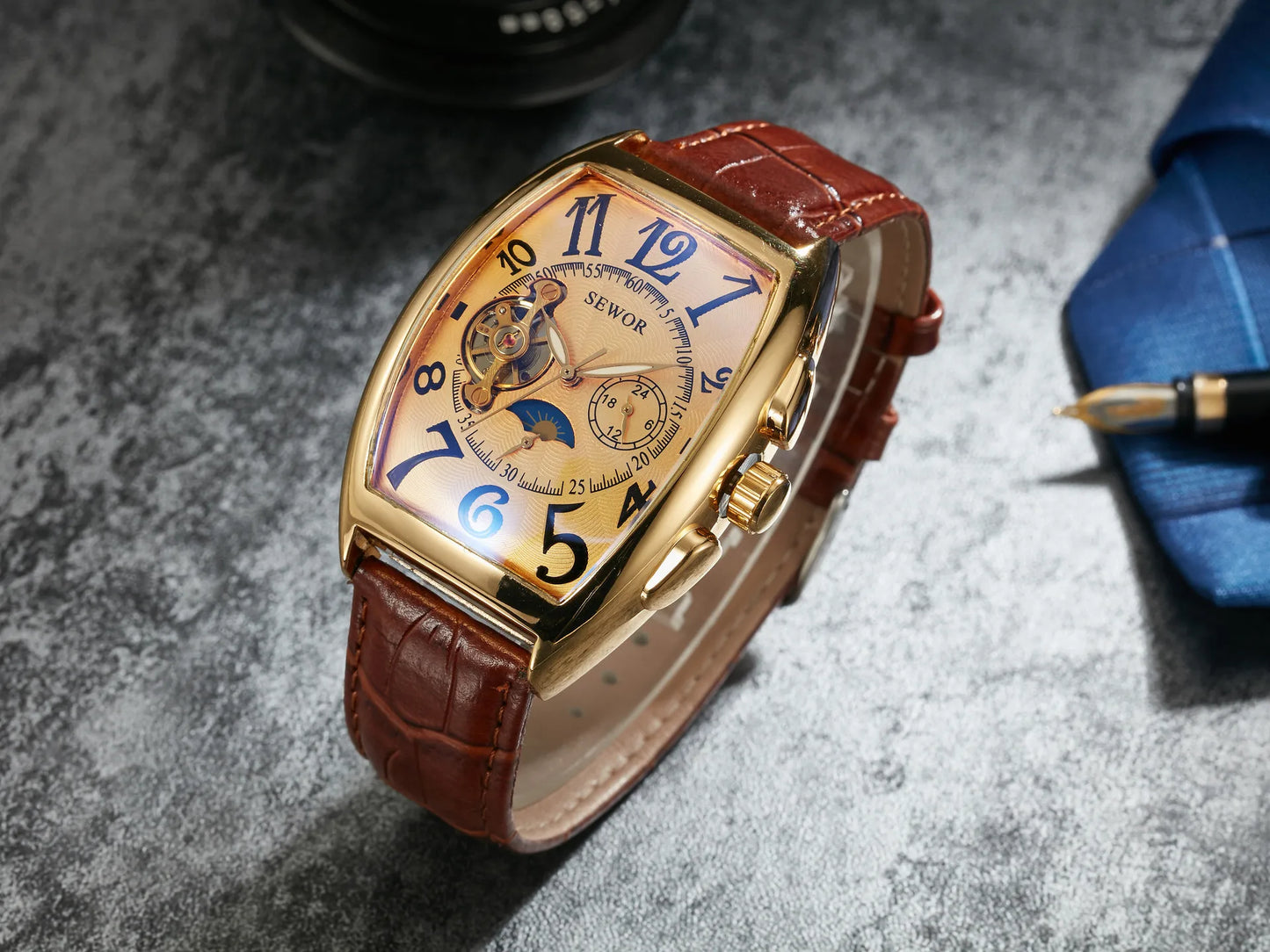 Excellence Luxury Skeleton Automatic Men's Watch Moon Phase Tonneau Tourbillon Mechanical Watches Genuine Leather Strap Luminous Hands