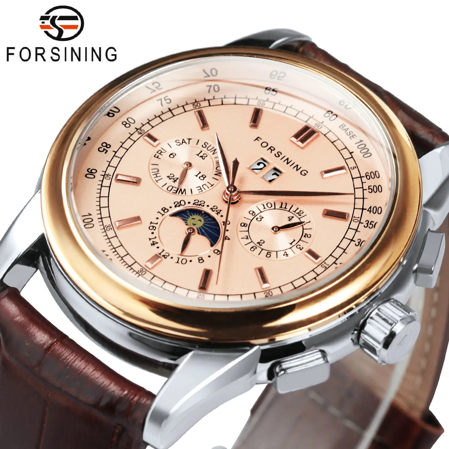 Excellence Mechanical Watches Moon Phase Shanghai Movement Rose Gold Case Brown Leather Strap Luxury Automatic Men's Watch