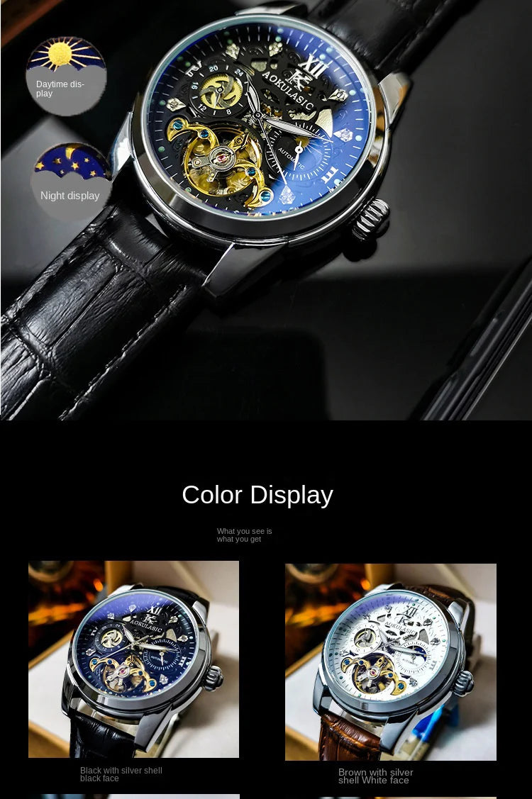 Excellence Skeleton Men's Watches Top Brand Luxury Moon Phase 24 Hours Display Iced Out Automatic Mechanical Watch Leather Strap