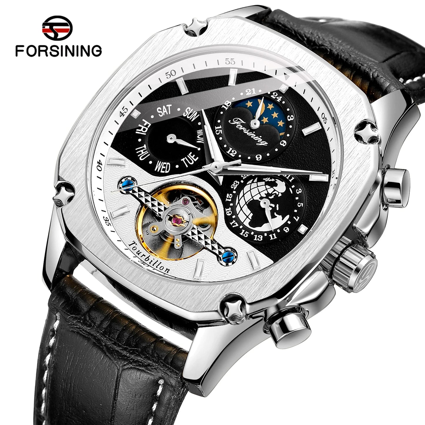 Excellence New Square Waterproof Mechanical Watches Luxury Leather Watch For Men Tourbillon Multifunctional Automatic Date Wristwatch