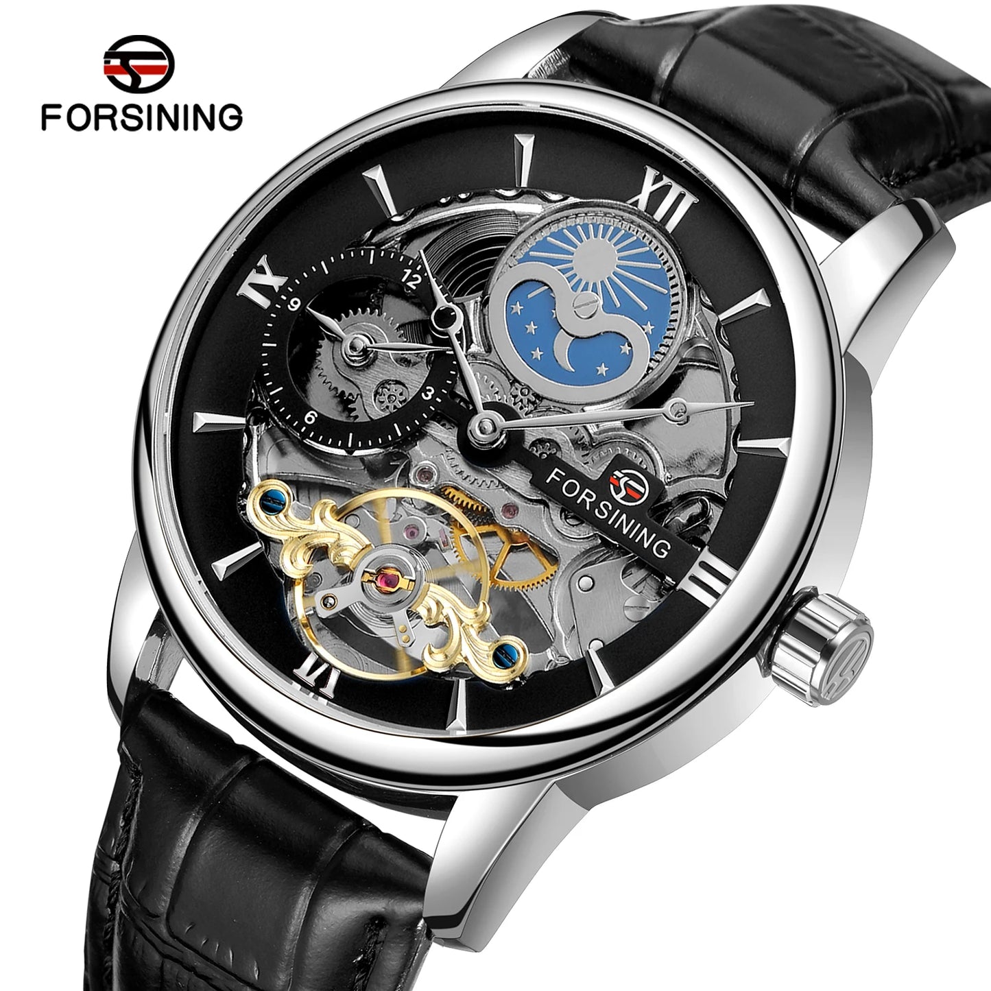 Excellence High Quality Multiple Time Zon Moonphase Automatic Watch Fashion Luxury Skeleton Mechanical Watches Men's Wristwatch Leather Belt