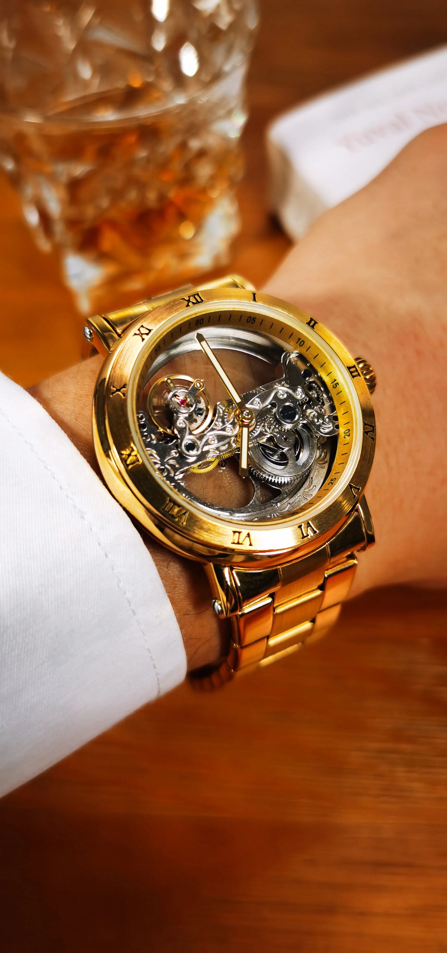 Excellence Gold Bridge Skeleton Automatic Watch for Men Luminous Hands Stainless Steel Leather Strap Luxury Mechanical Watches