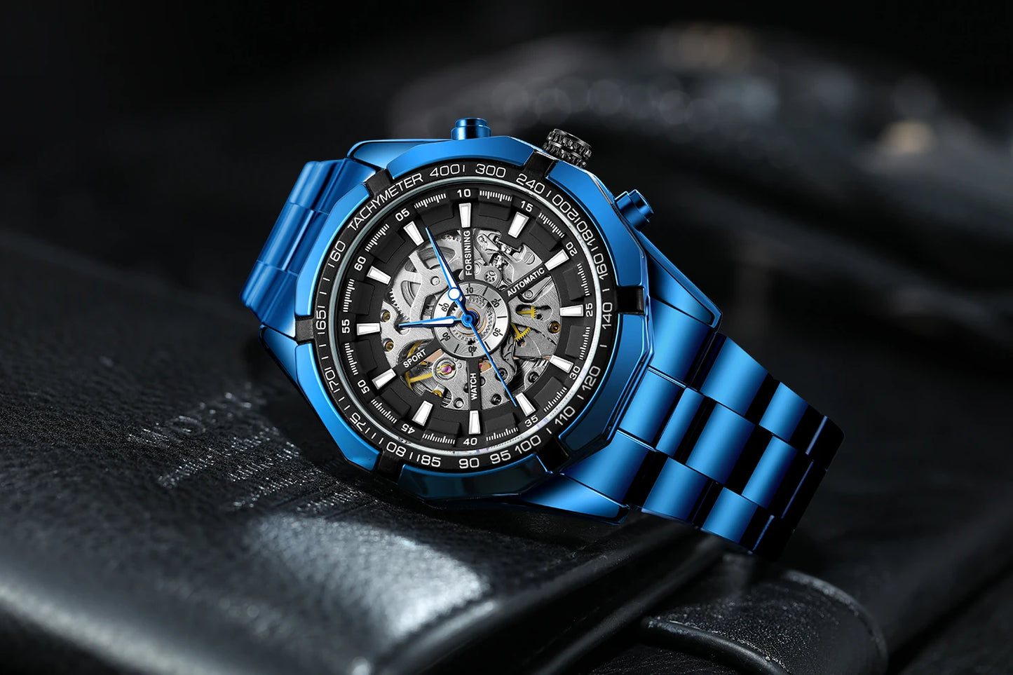 Excellence  New Stainless Steel Waterproof Men Transparent Skeleton Blue Watches Luxury Tourbillion Mechanical Sport reloj hombre