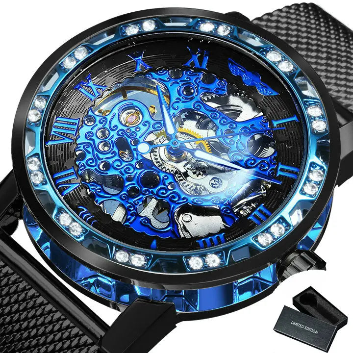 Excellence Classic Retro Mechanical Watches Luxury Iced Out Blue Skeleton Watch for Men Luminous Hands Mesh Stainless Steel Strap