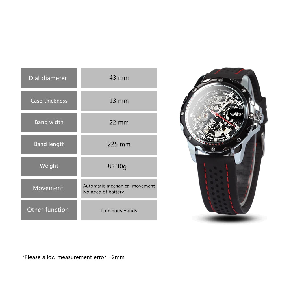 Excellence Sports Outdoor Mechanical Watch for Men Luminous Hands Black Skeleton Automatic Watches Luxury Brand Rubber Strap Clock