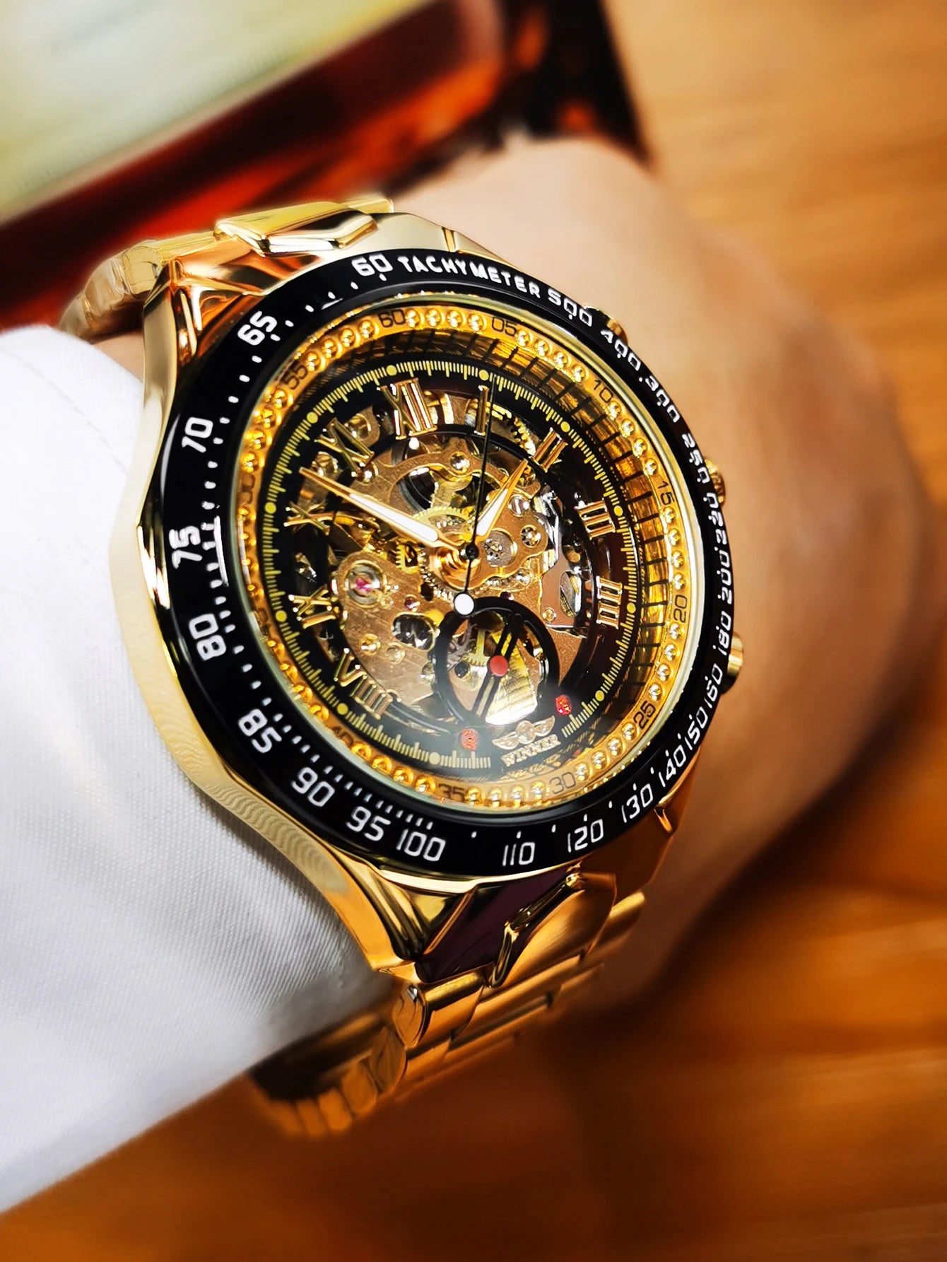 Excellence Gold Transparent Skeleton Automatic Watch for Men Luminous Pointers Luxury Brand Stainless Steel Strap Mechanical Watches