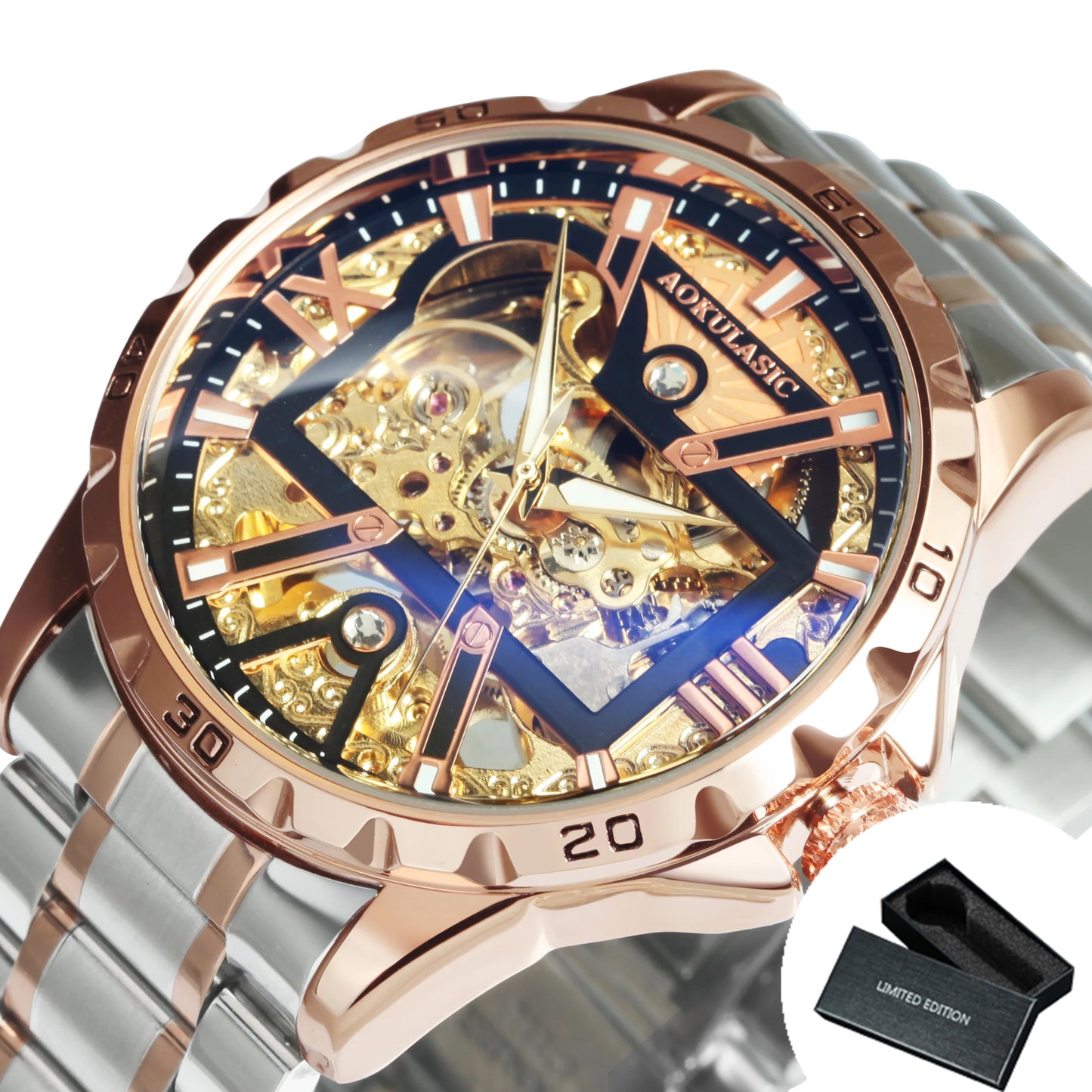 Excellence Brand Military Mechanical Watches Fashion Iced Out Gold Skeleton Automatic Watch for Men Stainless Steel Strap Luminous