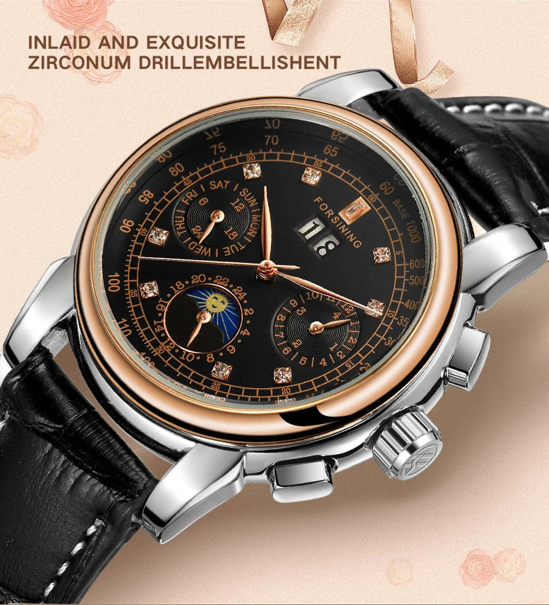 Excellence Women Automatic Mechanical Fashion Luxury Wrist Watches Ladies Diamond Moon Phase Multifunctional.