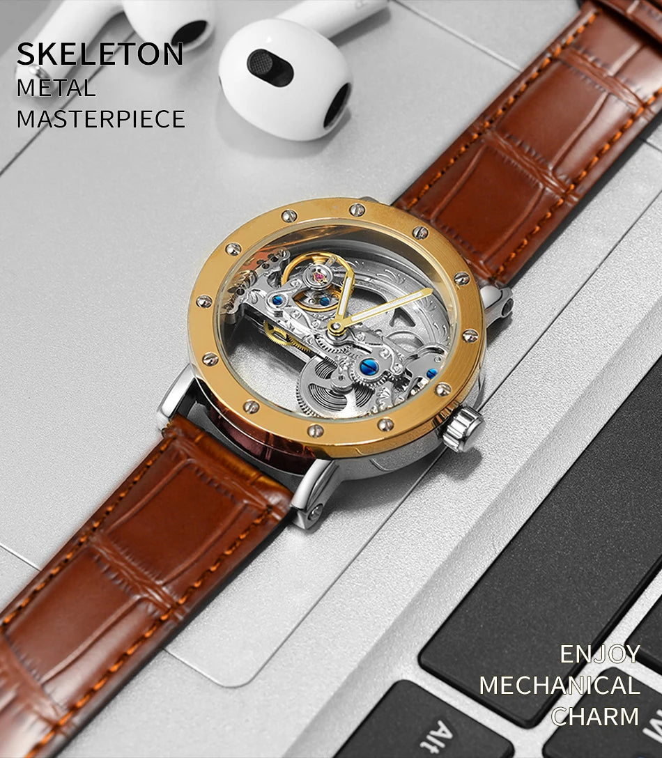 Excellence Top Brand Luxury Steel Skeleton Tourbillon Automatic Watch Men Leather Mechanical Waterproof Luminous Elegant Wrist Clock