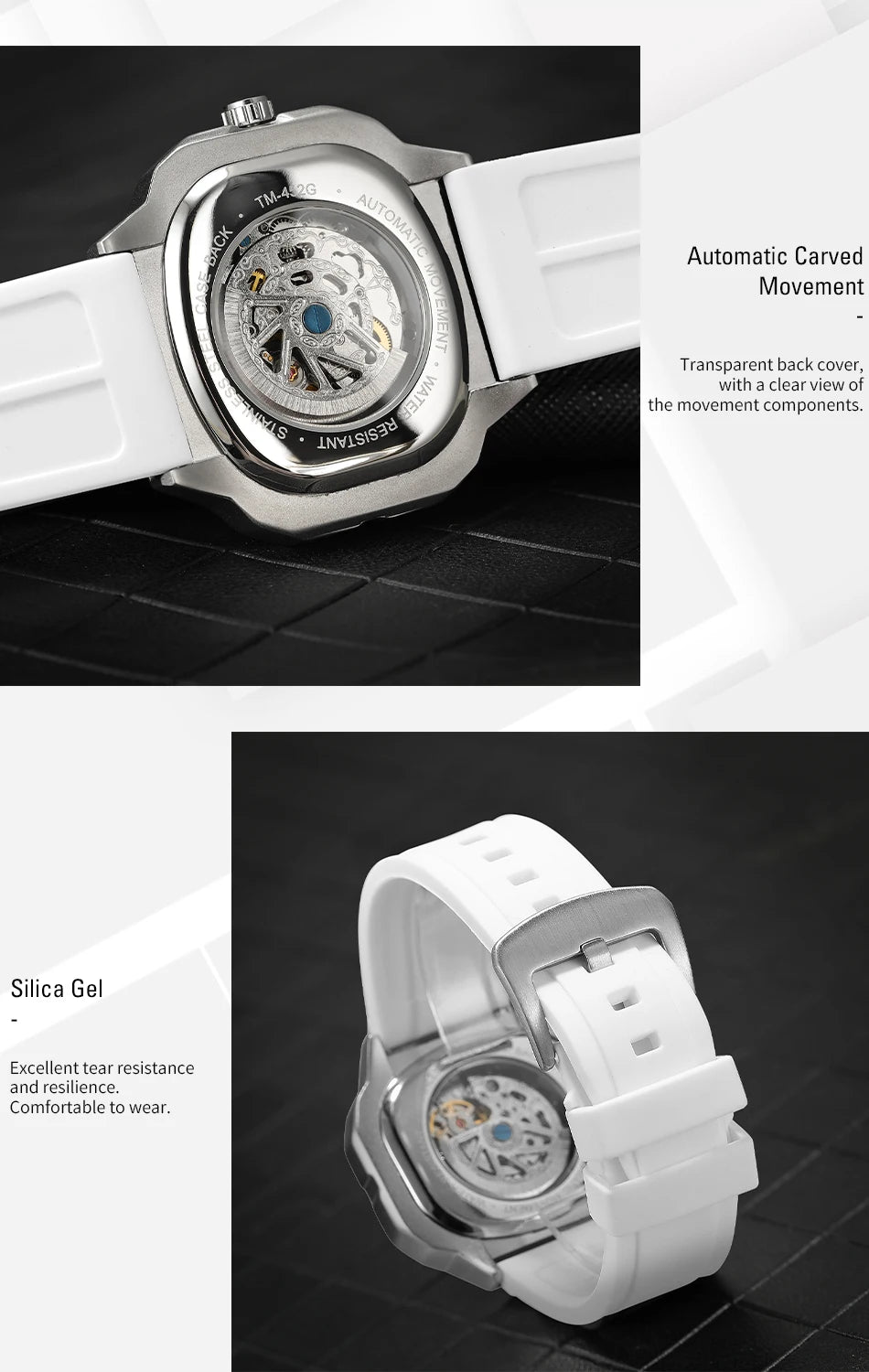 Excellence  Square Skeleton Mechanical Genuine Men Watch Automatic Movement Clock White Sports Waterproof Luxury Male Watches