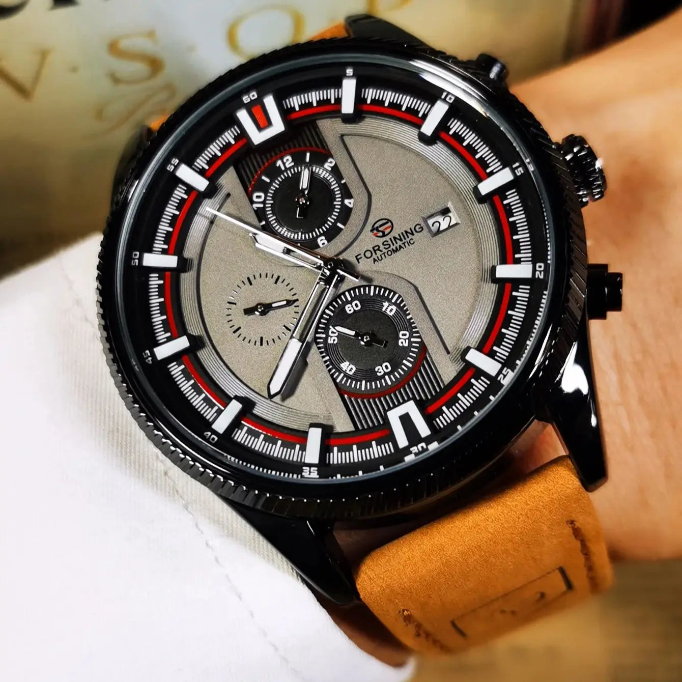 Excellence  Sports Men's Watches Top Brand Luxury Calendar Brown Leather Strap Luminous Hands Fashion Automatic Mechanical Watch