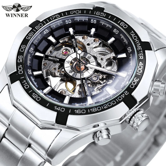 Excellence Classic Skeleton Watch for Men Luminous Hands Mechanical Watches Stainless Steel Strap Luxury Brand Forsining Wristwatch