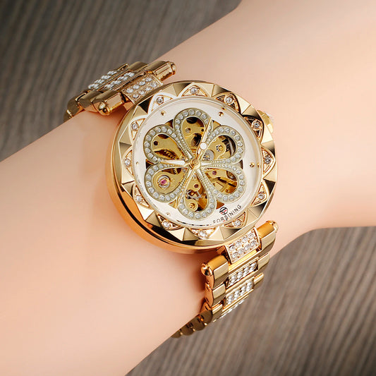 Excellence Skeleton Watch for Women Fashion Classics Diamond Automatic Mechanical Watches Luminous Hands Stainless Steel Strap