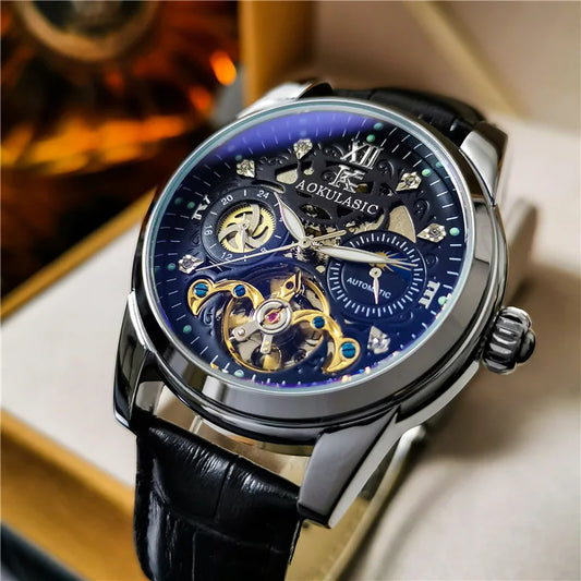 Excellence Skeleton Men's Watches Top Brand Luxury Moon Phase 24 Hours Display Iced Out Automatic Mechanical Watch Leather Strap