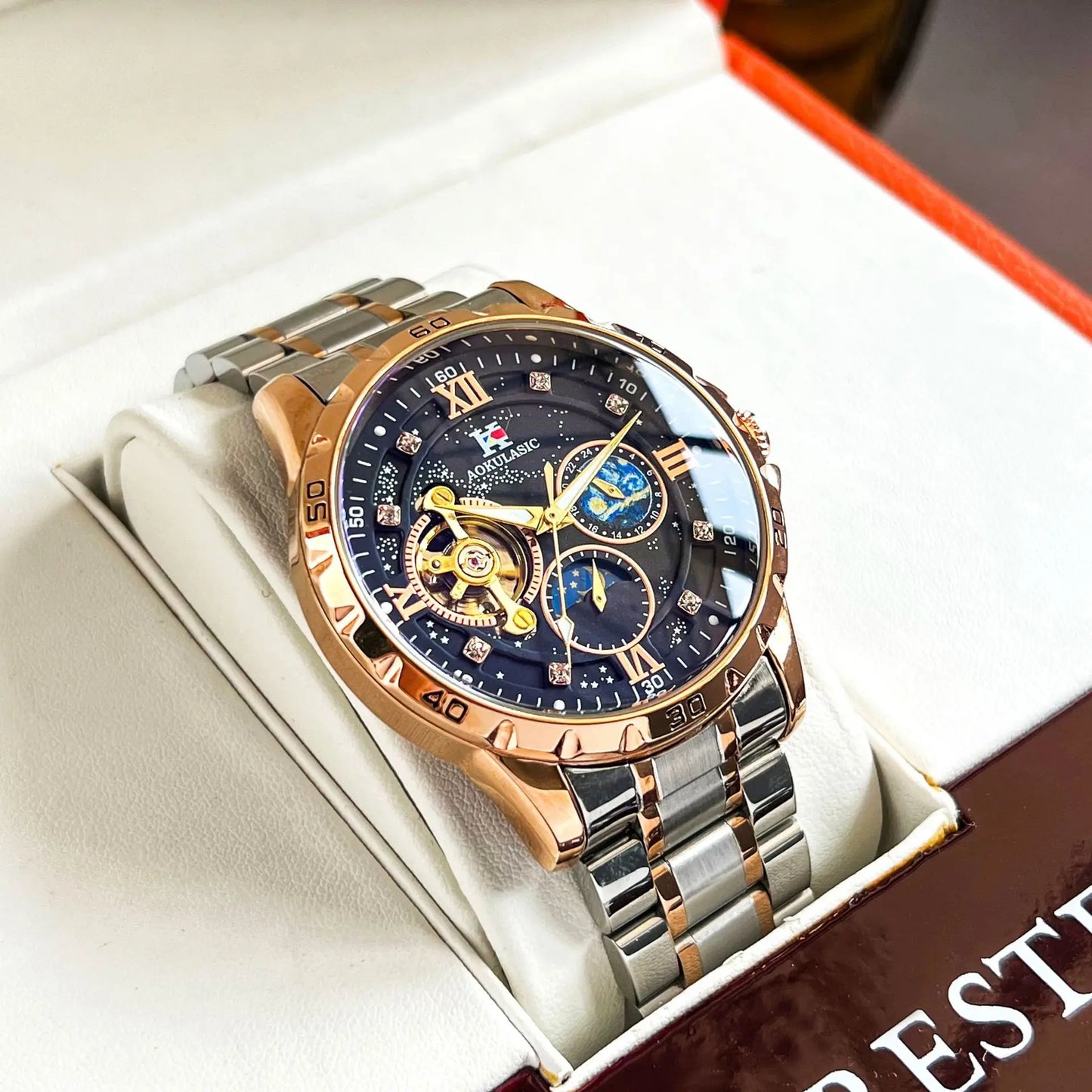 Excellence Tourbillon Skeleton Mechanical Watches Starry Sky Moon Phase Diamond Luminous Dial Steel Strap Luxury Brand Automatic Men's Watch