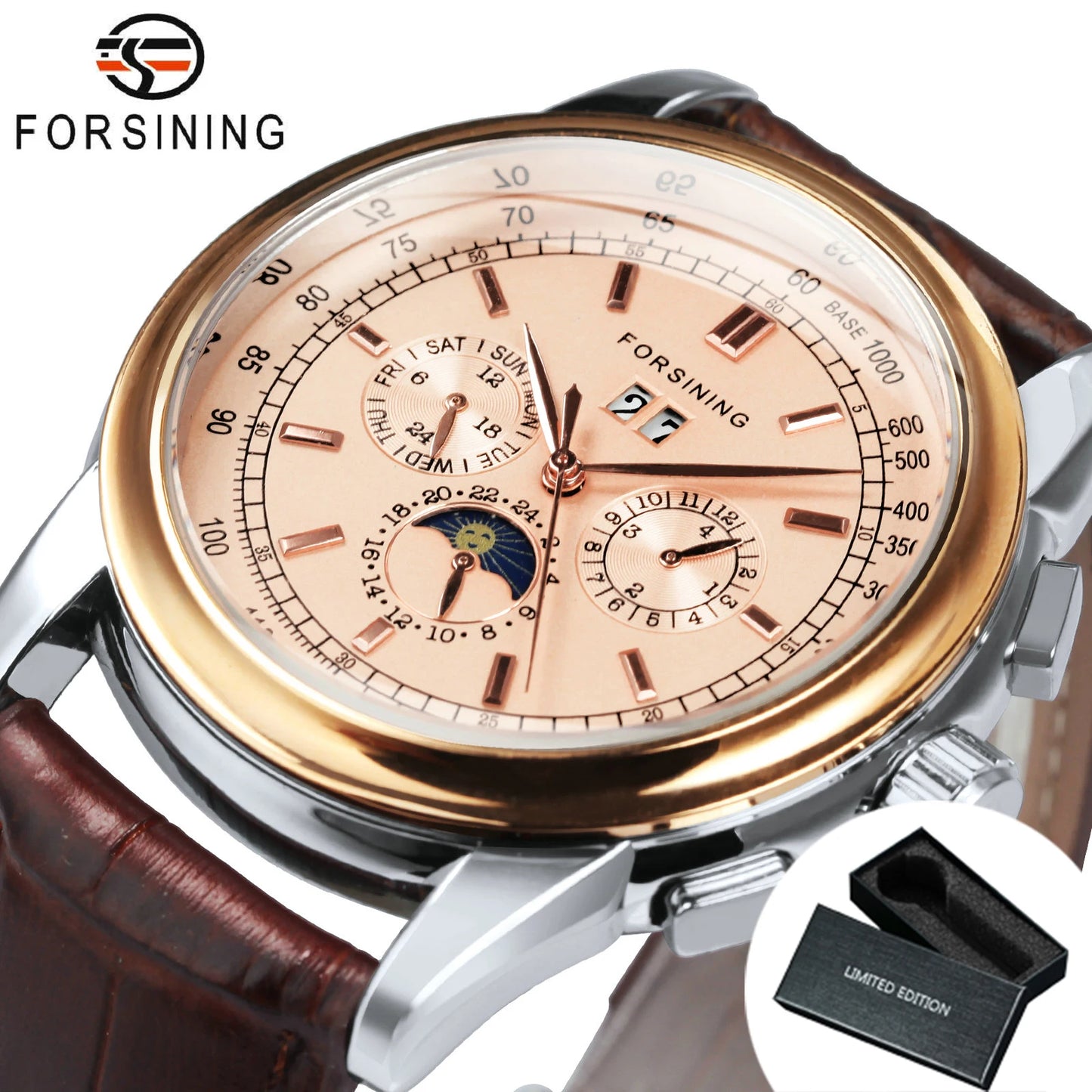 Excellence Mechanical Watches Moon Phase Shanghai Movement Rose Gold Case Brown Leather Strap Luxury Automatic Men's Watch