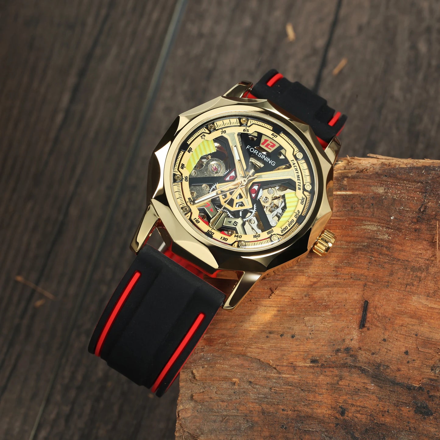 Excellence Fashion Gold Skeleton Mechanical Watches for Men Luminous Hands Casual Black Red Rubber Strap Irregular Sports Watch