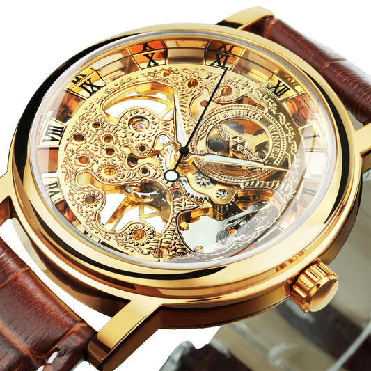 Excellence Transparent Luxury Skeleton Mechanical Watches Casual Leather Strap Gold Watch for Men Luminous Hands Retro Wristwatches