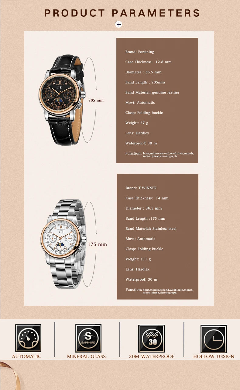 Excellence Women Automatic Mechanical Fashion Luxury Wrist Watches Ladies Diamond Moon Phase Multifunctional.