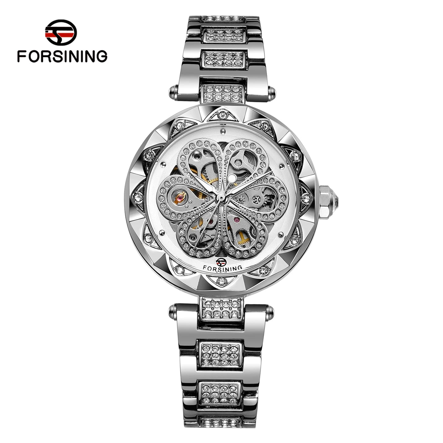 Excellence Skeleton Watch for Women Fashion Classics Diamond Automatic Mechanical Watches Luminous Hands Stainless Steel Strap