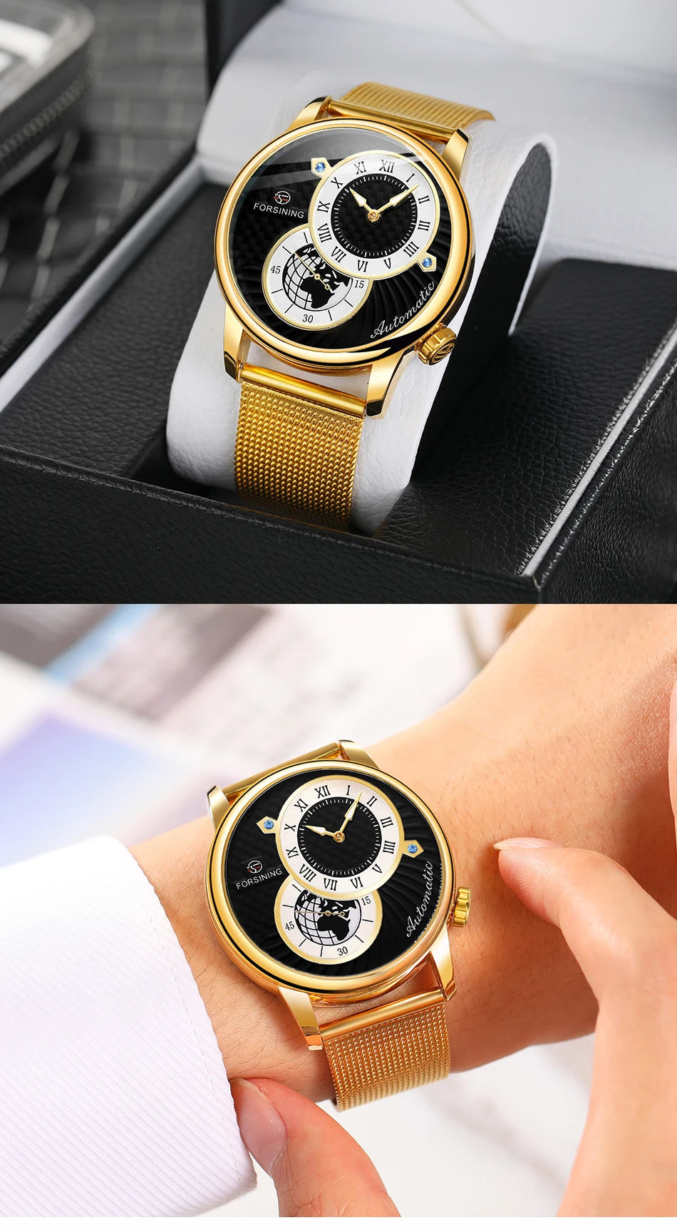 Excellence Earth Image Two Dial Automatic Self-Wind Mechanical Watch Fashion Men watch Waterproof Mesh strap