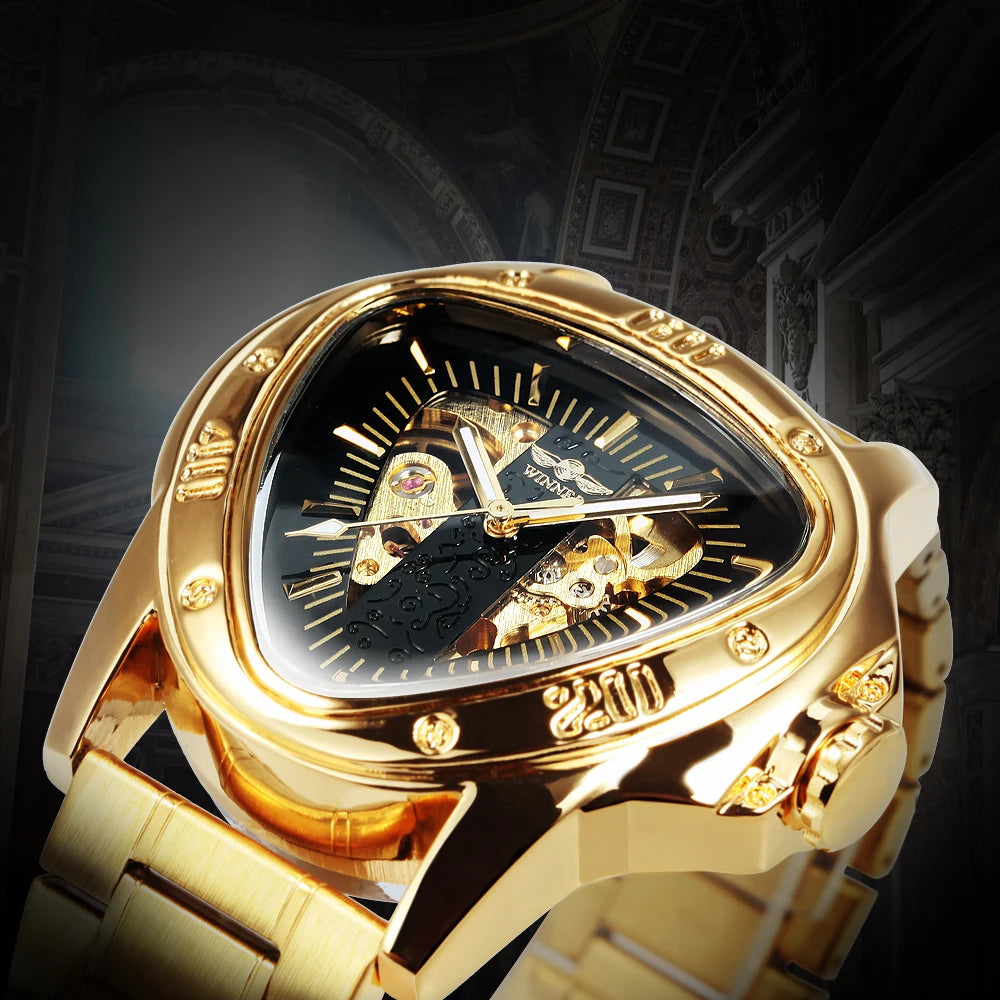 Excellence Military Triangle Skeleton Mechanical Watches for Men Luminous Hands Luxury Brand Leather Belt Sport Gold Automatic Watch