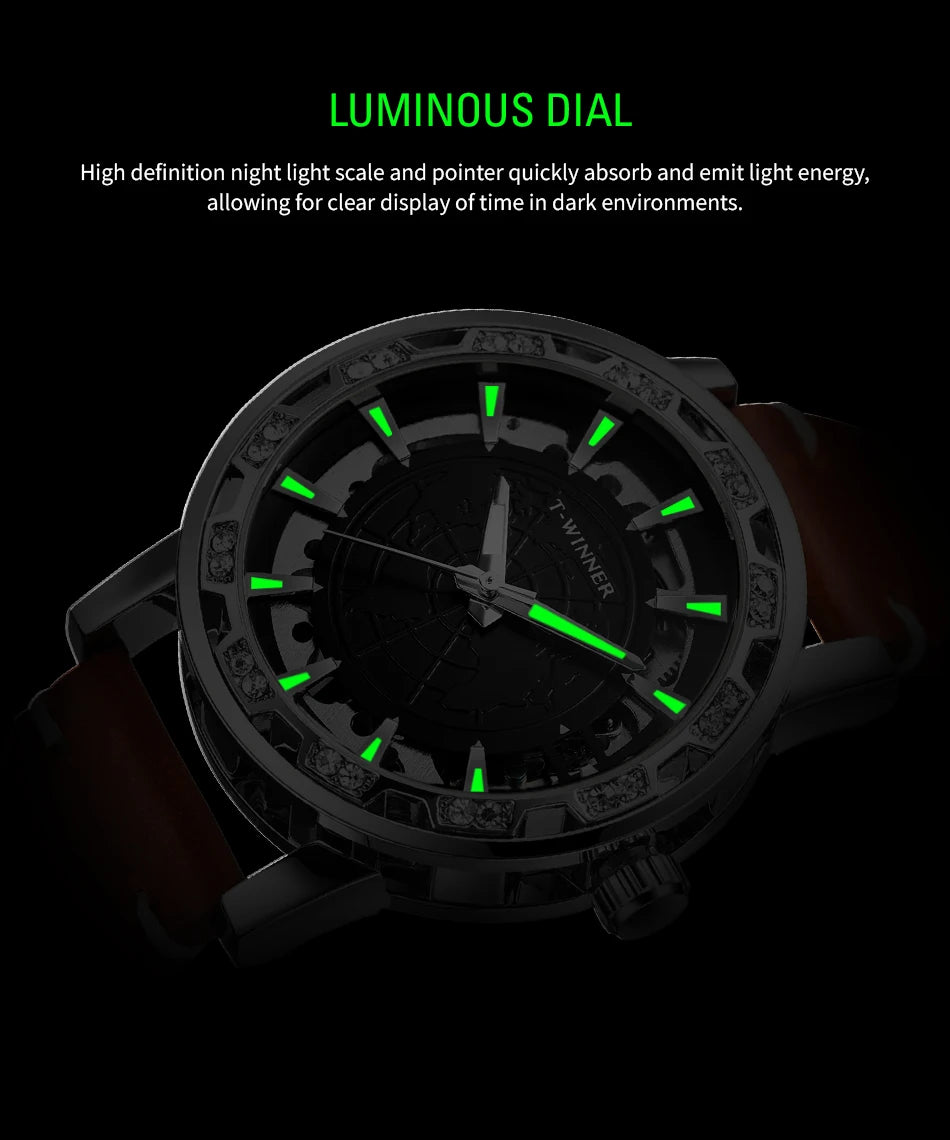 Excellence World Map Dial Manual Movement Mechanical Watch for Men  3D Diamond Luminous Waterproof Fashion Luxury Men Watches