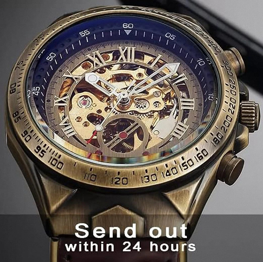 Excellence Skeleton Automatic Mechanical Watch for Men Luminous Hand Brown Genuine Leather Belt Luxury Brand Steampunk Watches