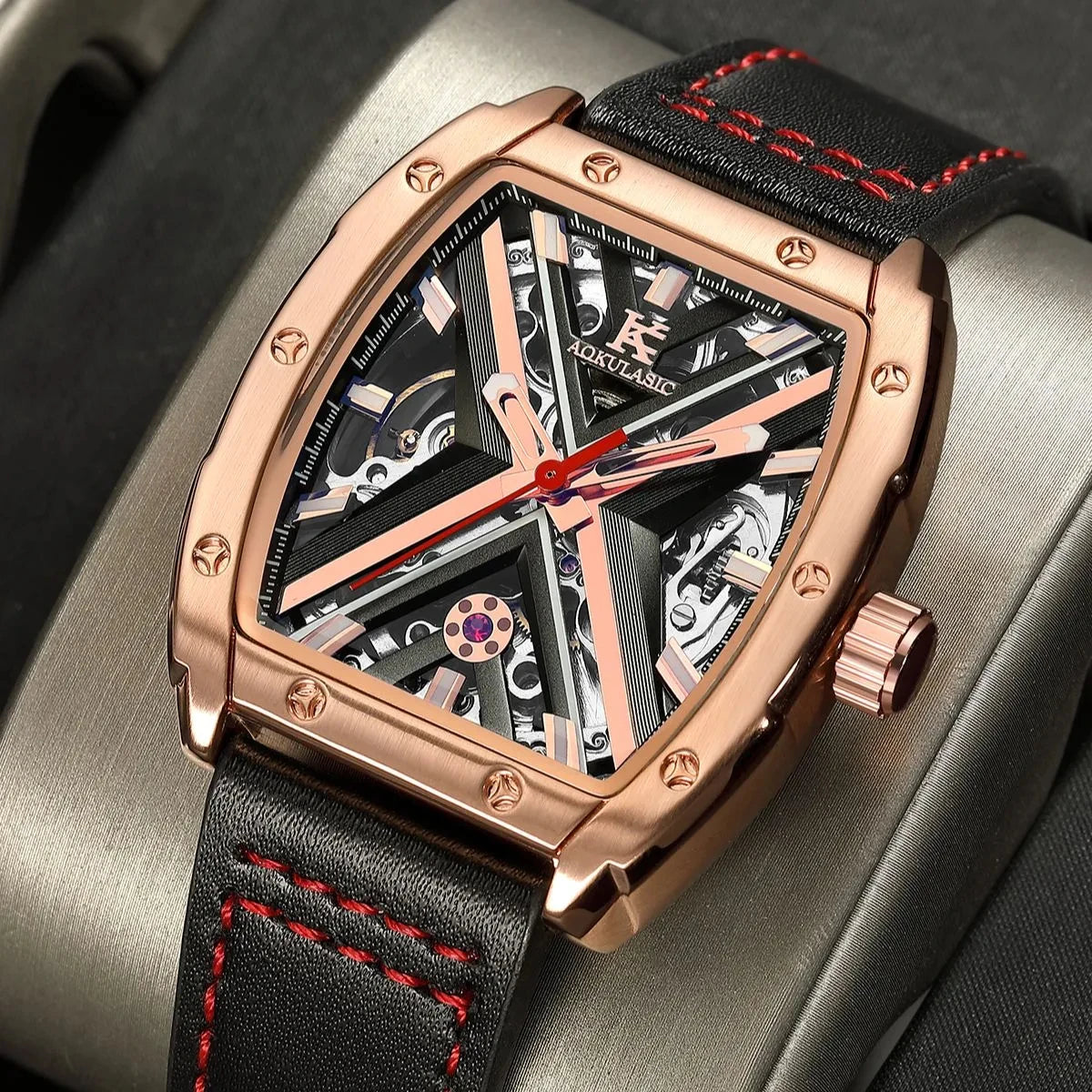 Excellence  Rose Gold Mechanical Watches Luxury Brand Skeleton Automatic Watch for Men Engraved Movement Leather Strap