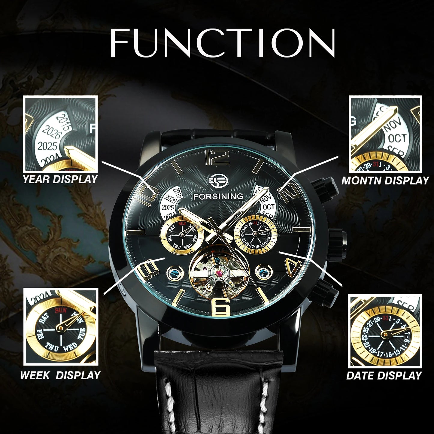 Excellence Tourbillon Skeleton Automatic Mechanical Watch for Men Calendar Window Week Display Leather Belt Classic Watches