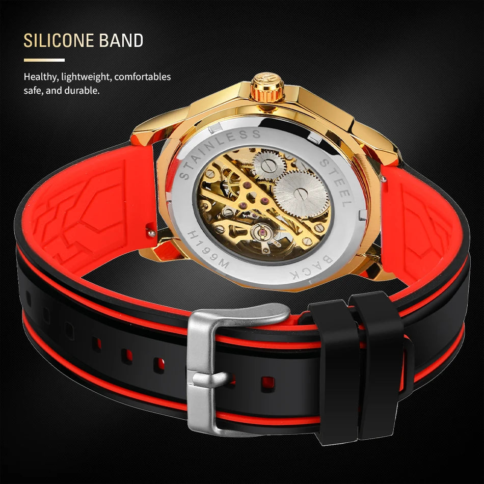 Excellence  Design Fashion Polygon Transparent Skeleton Rubber Band Men Mechanical Watch Luxury Montre Homme men