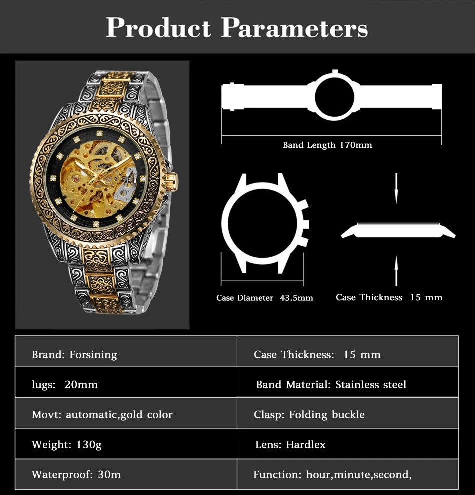 Excellence Luxury Men Automatic Mechanical Wristwatch Waterproof Stainless Steel 3D Diamond Watch Golden Men's watch Vintage