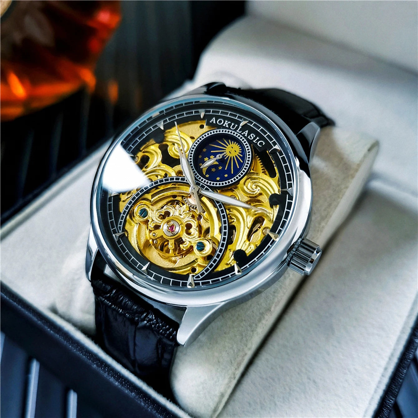 Excellence Tourbillon Men's Watches Top Brand Luxury Skeleton Automatic Mechanical Watch Casual Leather Strap Sun Phase Male Men watch